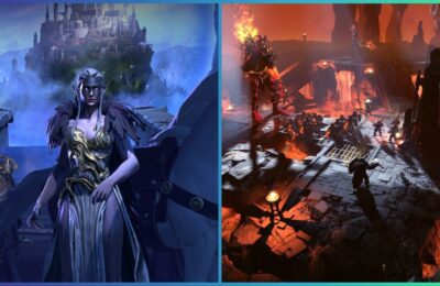 feature image for our age of wonders 4 tome tier list, the image features promo screenshots of the game of an elf character standing next to a horse with buildings sitting upon a large hill in the background, there is also a screenshot of a dungeon that is surrounded by lava with a variety of enemies standing around by a statue