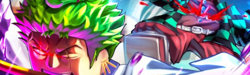 Feature image for our Anime Blade Universe codes guide. It shows two Roblox characters fighting, one slicing the other with a sword held in his mouth.