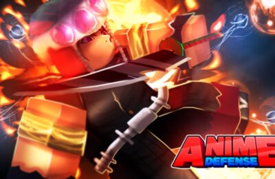 The featured image for our Anime Defense Simulator codes guide, featuring a Roblox character holding a knife falling in a fighting stance in a blaze of fire.