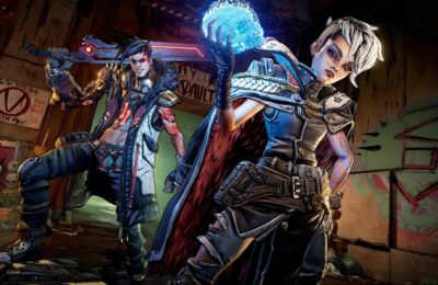 Feature image for our Borderlands 3 Shift codes guide. It shows villain characters Troy and Tyreen in a graffiti-strewn hideout.