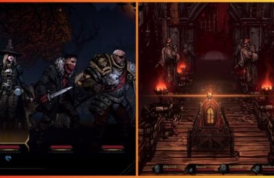 feature image for our darkest dungeon 2 tier list, the image features screenshots from the game of the stagecoach travelling through the decaying world, there is also a screenshot of a party of characters with what looks to be HP bars underneath them as they hold their weapons