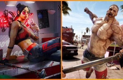 feature image for our dead island 2 weapon tier list, the image features a woman sitting on a counter while she sips on a milkshake as she holds a spiked weapon, and has a crossbow on her back, there is also a screenshot of gameplay of a character battling against a large muscular zombie as the character holds a metal bar in their hands
