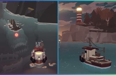 feature image for our dredge trophy guide, the image features promo screenshots from the game of a boat sailing across the sea with a lighthouse on top of a small cliff next to a forest, there is also a screenshot of the boat sailing across the sea as there is a shipwreck underneath as well as a one eyed sea monster with sharp teeth swimming towards the boat as its fins stick out above the water