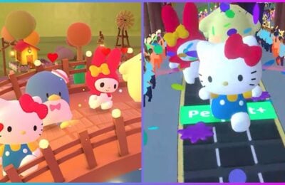 feature image for our hello kitty and friends happiness parade review, the image features promo screenshots from the game of sanrio characters, including hello kitty, standing together on a bridge with a house and trees in the background, there is also a screenshot of gameplay from the rhythm game of hello kitty and other sanrio characters making their way down a road during a parade with confetti falling from the sky