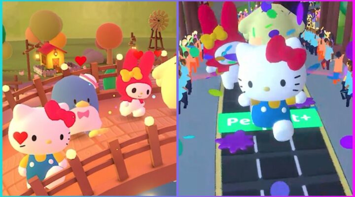 feature image for our hello kitty and friends happiness parade review, the image features promo screenshots from the game of sanrio characters, including hello kitty, standing together on a bridge with a house and trees in the background, there is also a screenshot of gameplay from the rhythm game of hello kitty and other sanrio characters making their way down a road during a parade with confetti falling from the sky