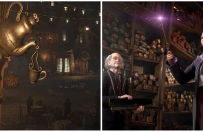 feature image for our hogwarts legacy shops guide, the image features a screenshot of hogsmeade village, as well as a screenshot of a character in ollivanders wand shop as they hold up their wand