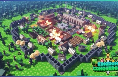 feature image for our kingdom conquerers codes, the image features a promo image for the game of a semi top-down view of the players empire, with a variety of buildings and barricades positioned on a large patch of grass surrounded by a forest, there are enemies attacking the baracades and fires within the empire