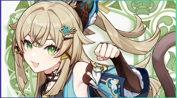 feature image for our kirara weapon tier list, the image features official promo art for the character, as she holds her hand up like a cat paw and smiles while sticking out her tongue