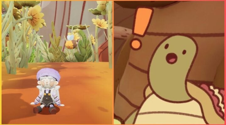 feature image for our mail time review, the image features a screenshot from the game of a character wearing a mushroom hat while sitting down on the ground surrounded by plants and flowers, there is also a screenshot of the character shelby the tortoise shelby who has a surprised expression on their face with a large exclamation mark next to their head