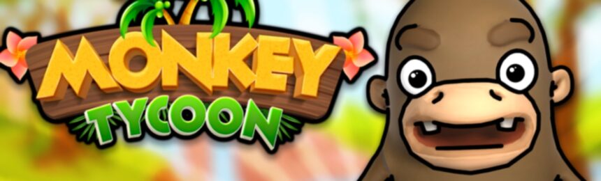 The featured image for our Monkey Tycoon codes guide, featuring a cartoon monkey from the game looking and smiling at the camera, standing in a jungle next to the game's title card.