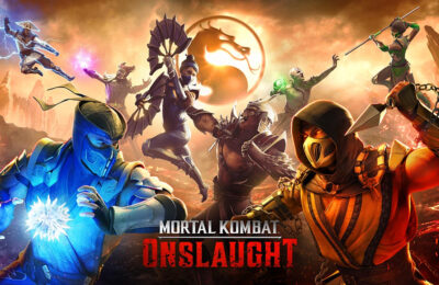 The featured image for our Mortal Kombat: Onslaught codes guide, featuring the poster. The poster is presented in an orange colour scheme, and it features a group of Mortal Kombat characters engaging in a battle with each other.