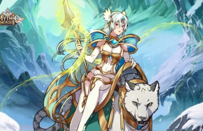 The featured image for our Mythic Heroes tier list, featuring a Mythic Heroes character with a wolf travelling in the snow.