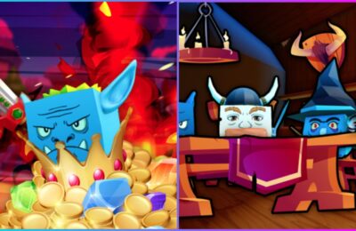feature image for our pet rift codes guide, the image features promo art for the game of cube versions of a witch and a viking as they sit at a table under candles, as well as a goblin cube stood with a pile of gold treasure as they hold a sword with flames behind them