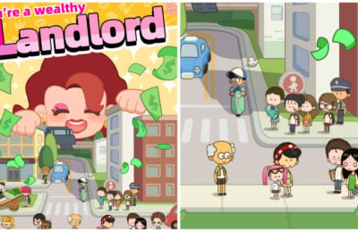 feature image for our rent please landlord sim codes guide, the image features a promotional drawing for the game with cartoon buildings and people, with the landlord above them with green money, there is also a screenshot of one of the streets from the game, as residents walk along the path with green money floating downwards