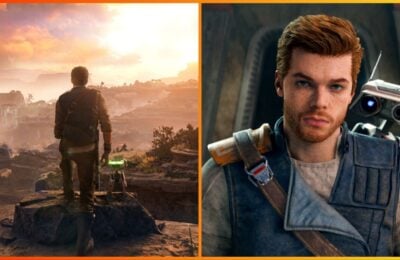feature image for our star wars jedi: survivor weapons tier list, the image feautures Cal Kestis facing the camera with his robot friend peering over his shoulder, there is also a promo image of cal kestis looking out over a baron wastelandand a sunset, with his robot friend stood next to him