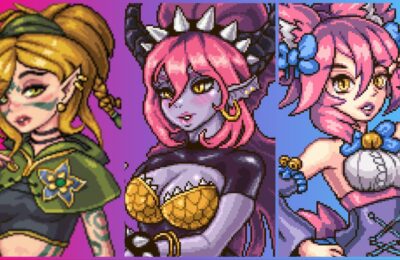 feature image for our sun haven characters guide, the image features pixel art of three characters from the game such as iris who is an elf, kitty who is a human with cat ears and xyla who is a demon