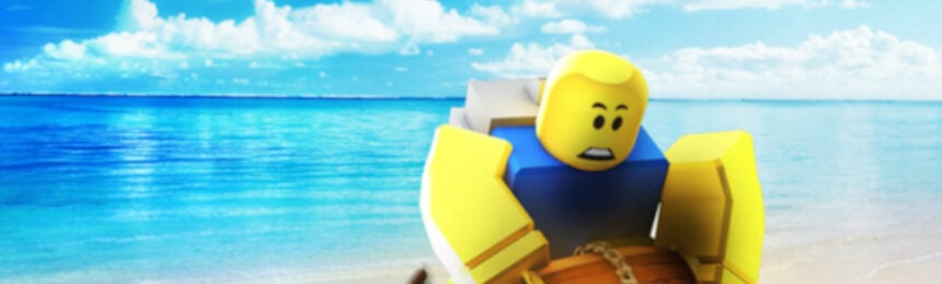A Roblox character opening a treasure chest on a beach.