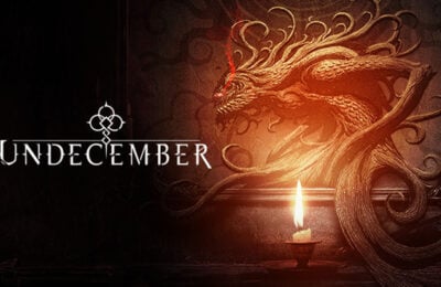 The featured image for our Undecember review, which features a dragon like monster is revealed by orange candlelight.
