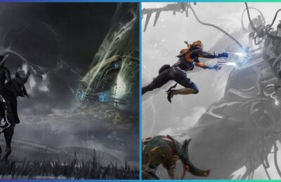 feature image for our warframe duviri codes, the image features promo art, for the game of a character on a horse overlooking a large sci-fi machine, there's also promo art of a character jumping into the air while shooting their guns with a large metal creature in the background