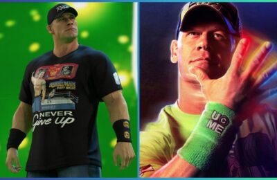 feature image for our wwe 2k23 locker codes guide, the image features a screenshot from the game of john cena as he wears arm bands and a cap, as well as promo art of john cena with his hand in front of his face