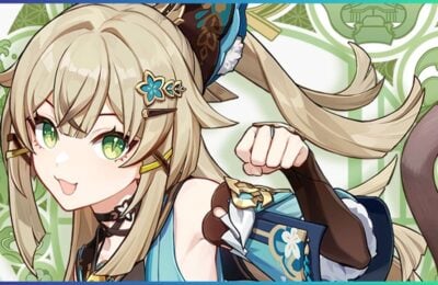 feature image for our kirara weapon tier list, the image features official promo art for the character, as she holds her hand up like a cat paw and smiles while sticking out her tongue
