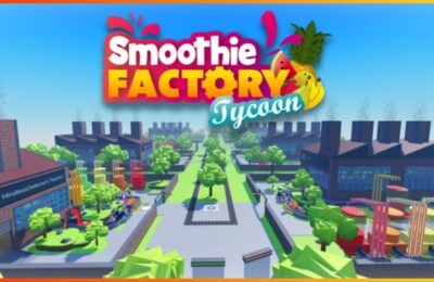 feature image for our smoothie factory tycoon codes, the image features a promo screenshot of a town and factory from the game, with lots of trees throughout the town, with the game's logo at the top surrounded by fruit